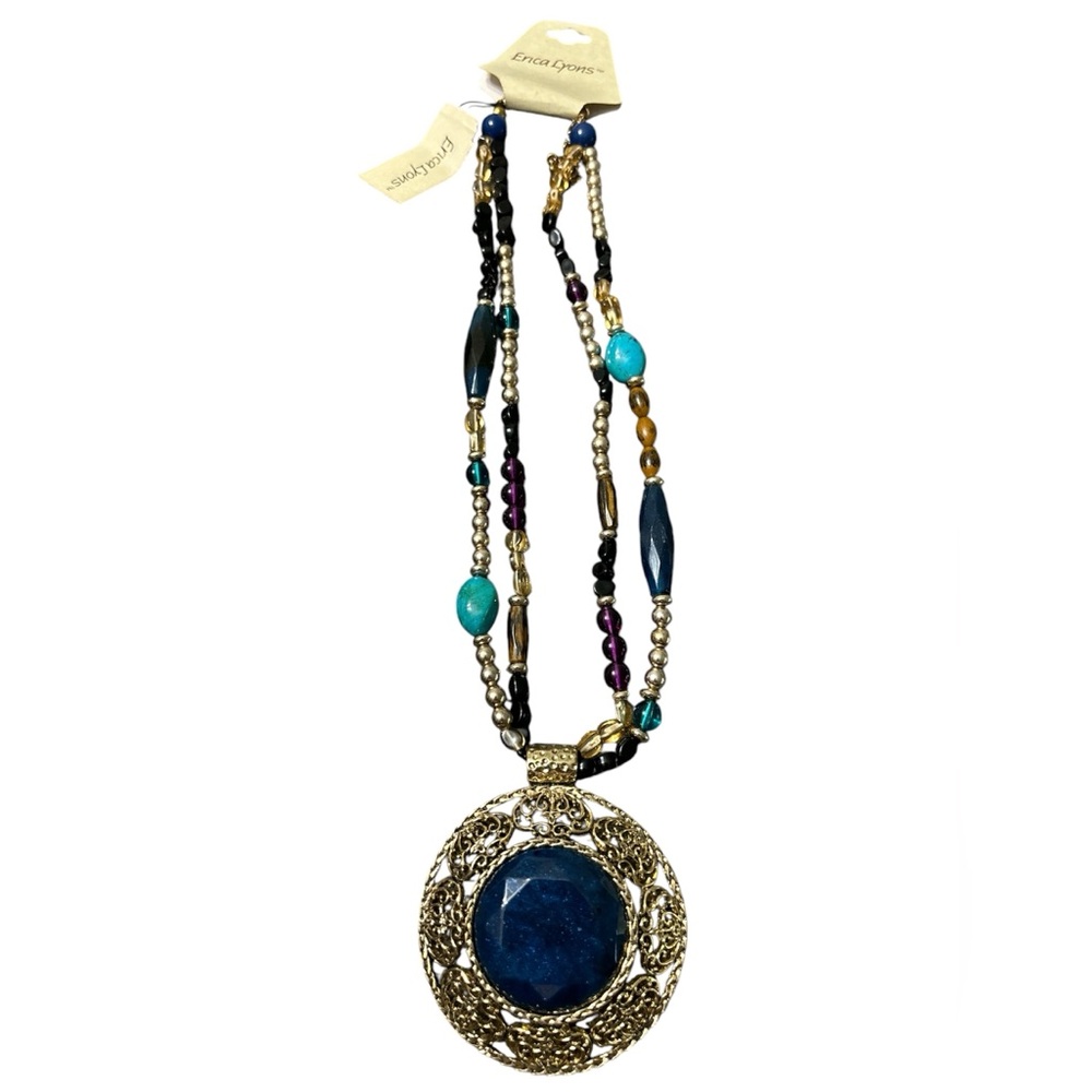 Erica Lyons Blue Round Pendant Beaded Double Strand Colorful Statement Necklace